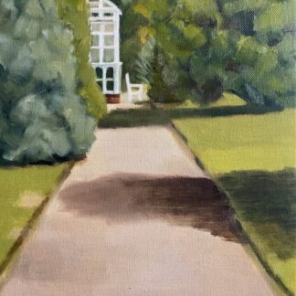 Landscape painting of a greenhouses in Botanical Gardens for sale by Irish artists on Ireland's online art gallery to buy paintings of Dublin